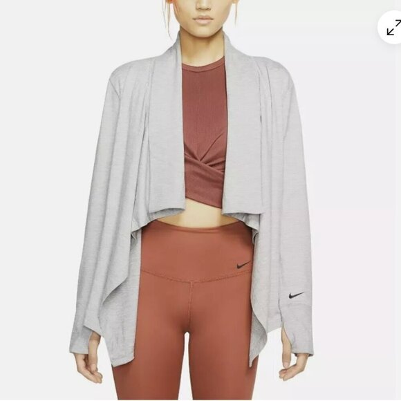 Nike Womens Long Sleeve Open Yoga Top in Atmosphere Grey/CD3210-059-Size L - Picture 1 of 8